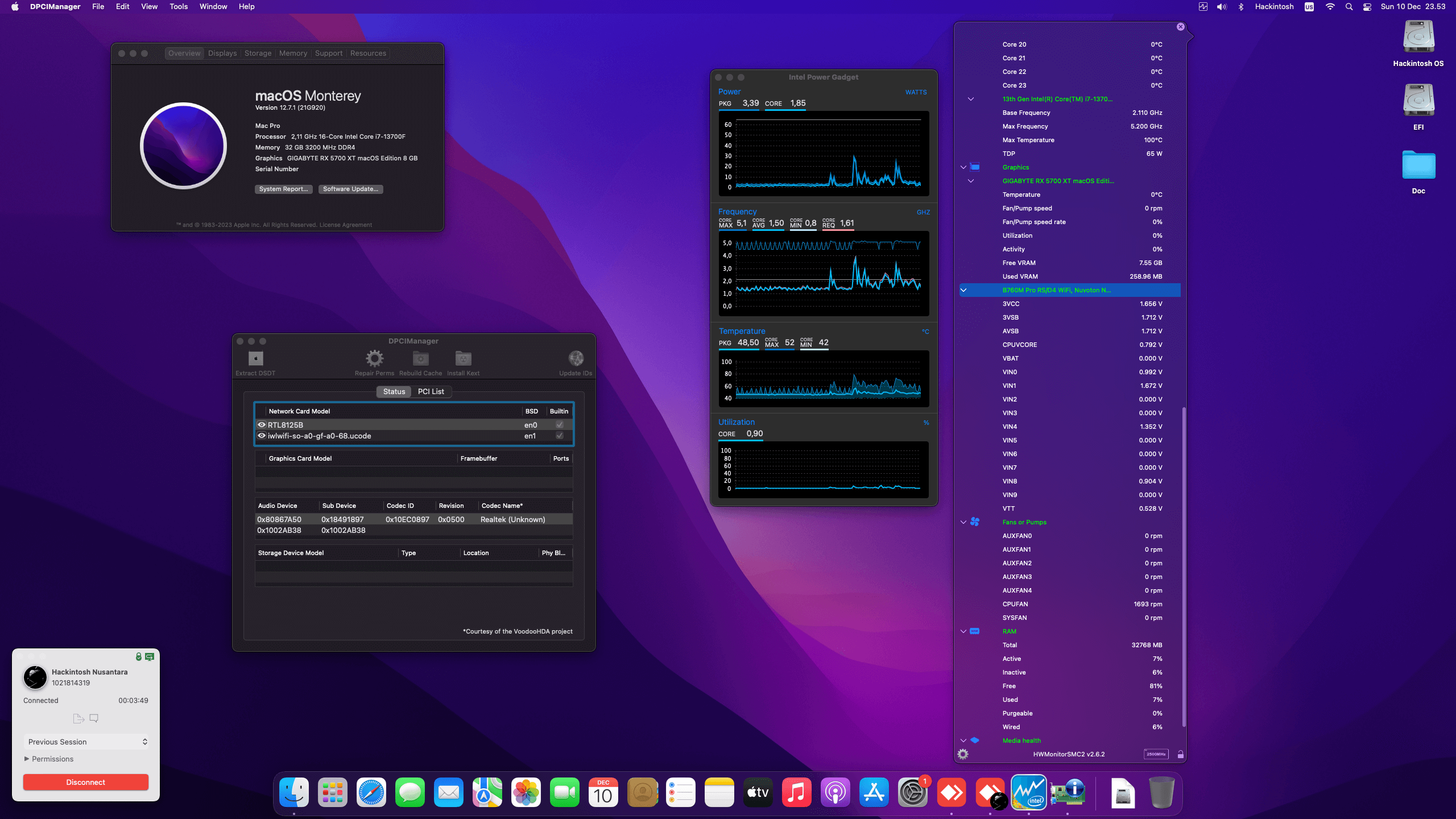 Success Hackintosh macOS Monterey 12.7.1 Build 21G920 in Asrock B760M Pro RS/D4 Wifi + Intel Core i7 13700F + Gigabyte RX 5700 XT
